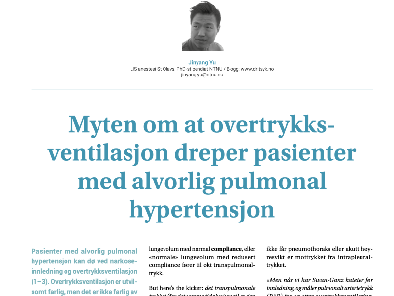 Myten om at overtrykksventilasjon dreper pasienter med alvorlig pulmonal hypertensjon